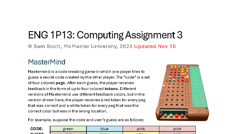 ENG 1P13: Mastermind Game Functions - Computing Assignment 3 - Studocu