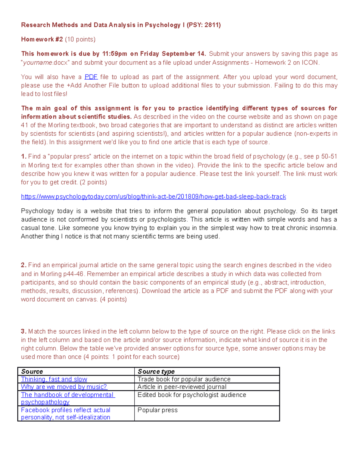Homework 2 - Research Methods and Data Analysis in Psychology I (PSY ...