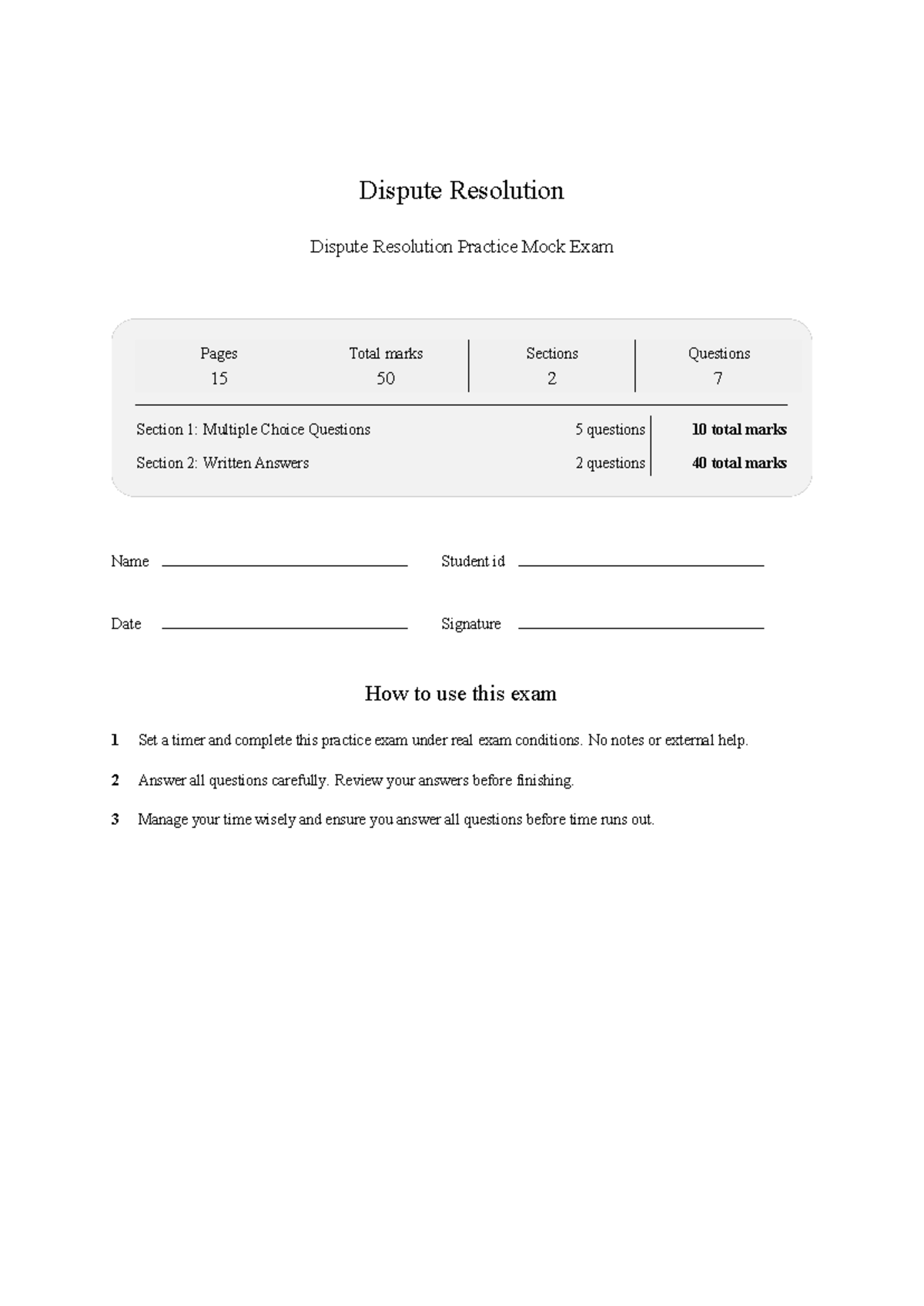 Dispute Resolution mock exam 2026 feb - Dispute Resolution Dispute ...