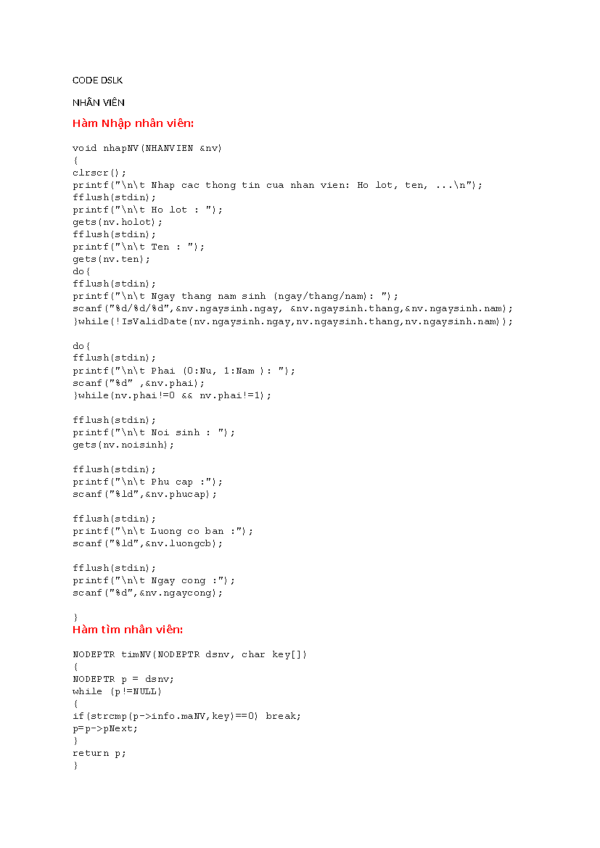 CODE DSLK - bài tập về dslk - CODE DSLK NHÂN VIÊN Hàm Nhập nhân viên ...