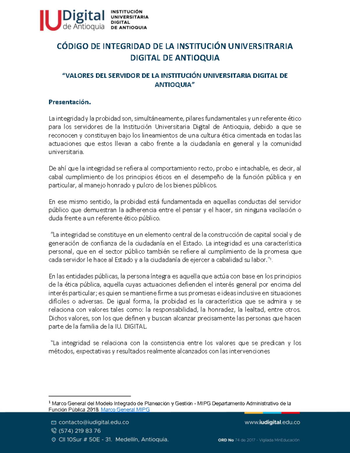 Código de Integridad y Probidad en la IU. DIGITAL: Referente Ético ...