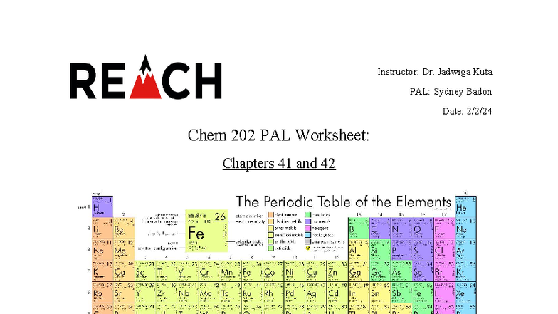 Chem 202 PAL Worksheet: Chapters 41 & 42 Practice Problems - Studocu