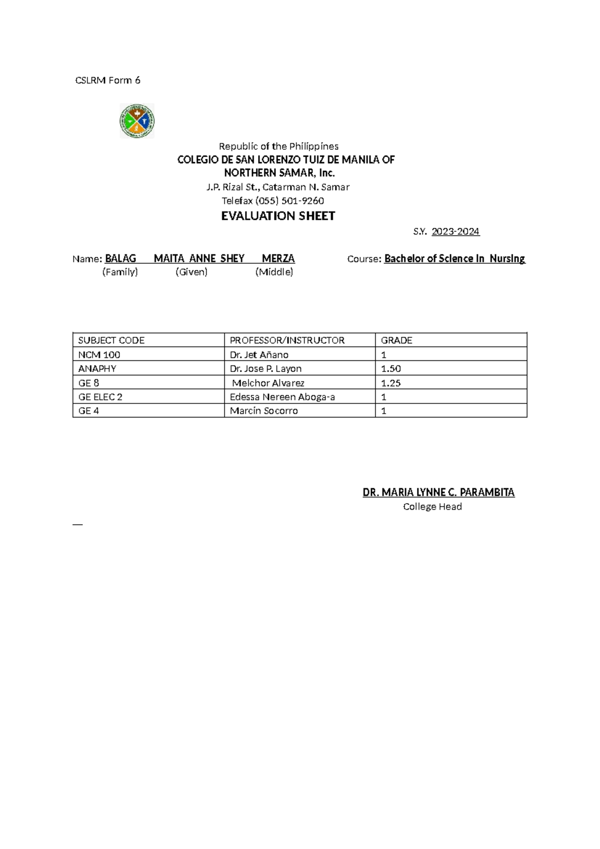 SOA copy - chn - CSLRM Form 6 Republic of the Philippines COLEGIO DE ...