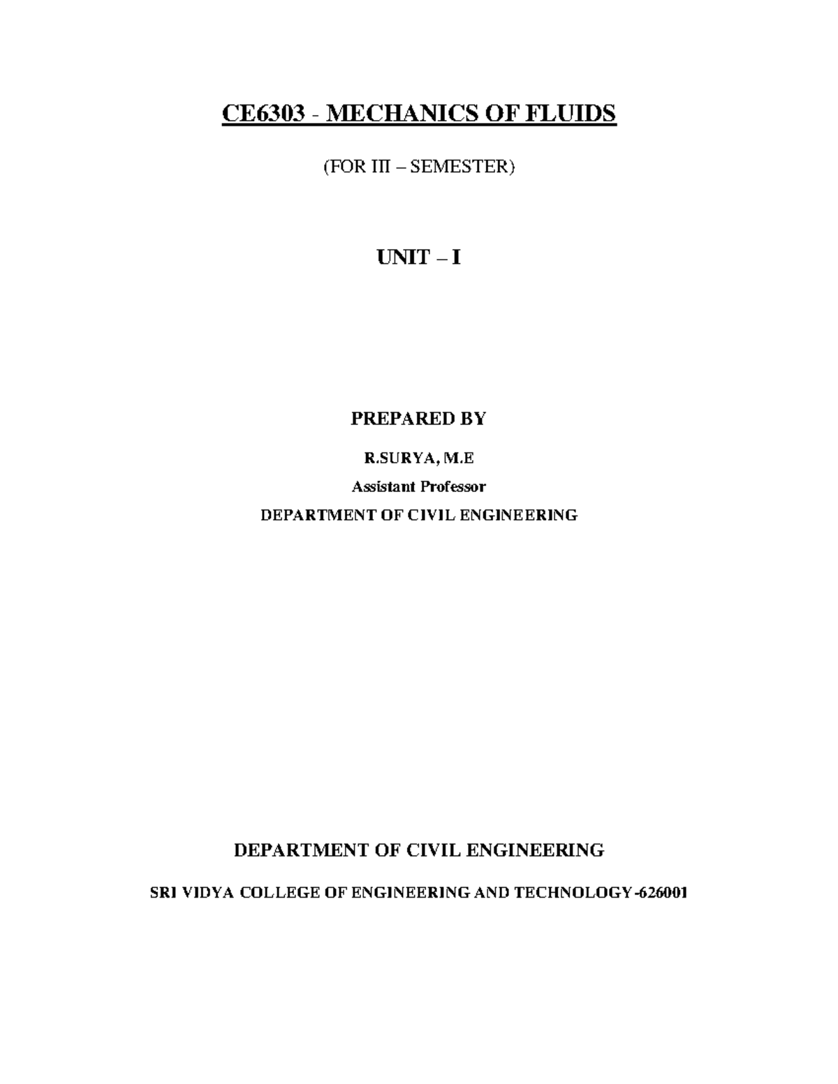 Mechanics of Fluids: Sample Problems for CE6303 Final Exam - Studocu
