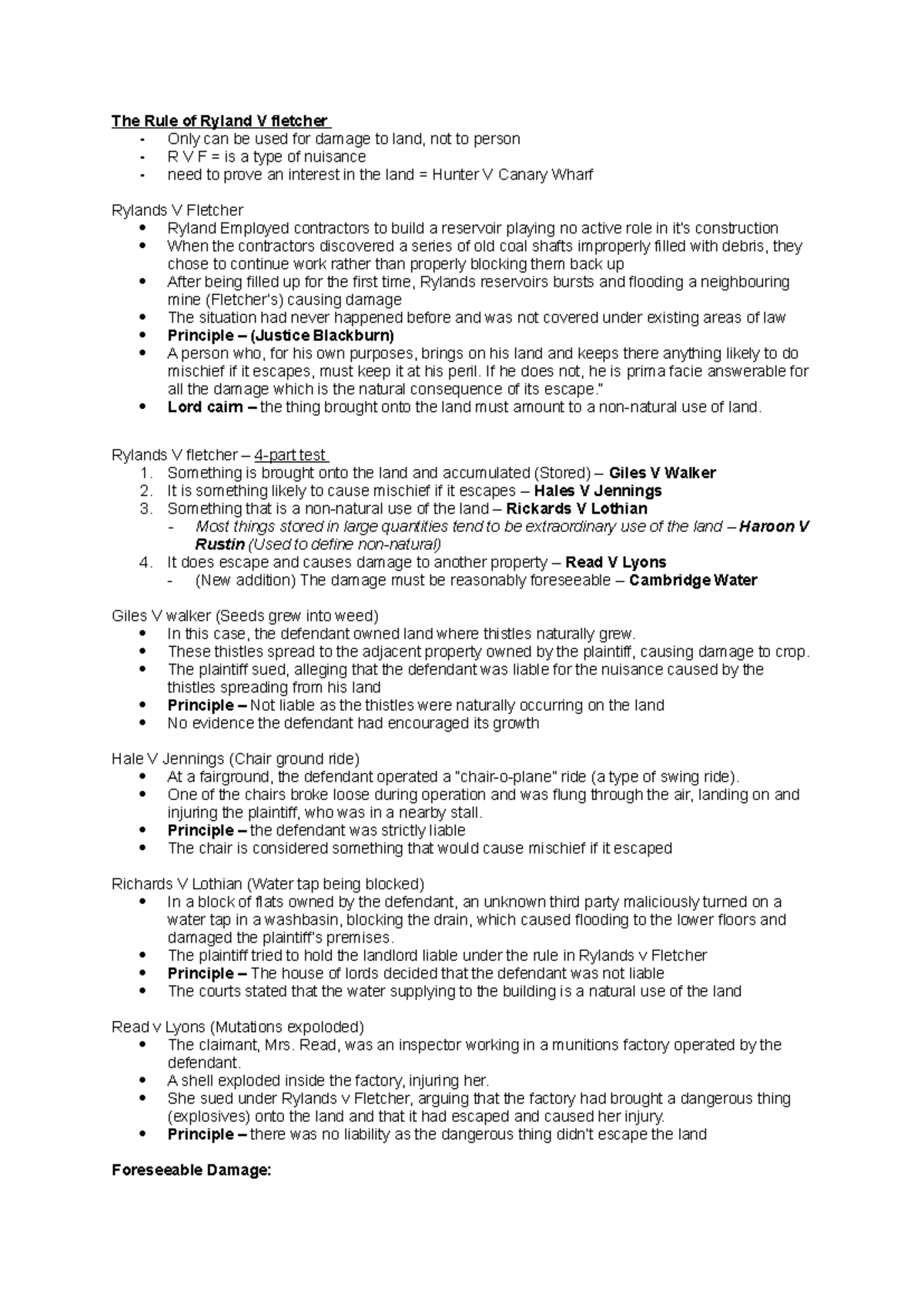 Rylands v Fletcher: Key Principles and Case Summaries (Law Notes) - Studocu