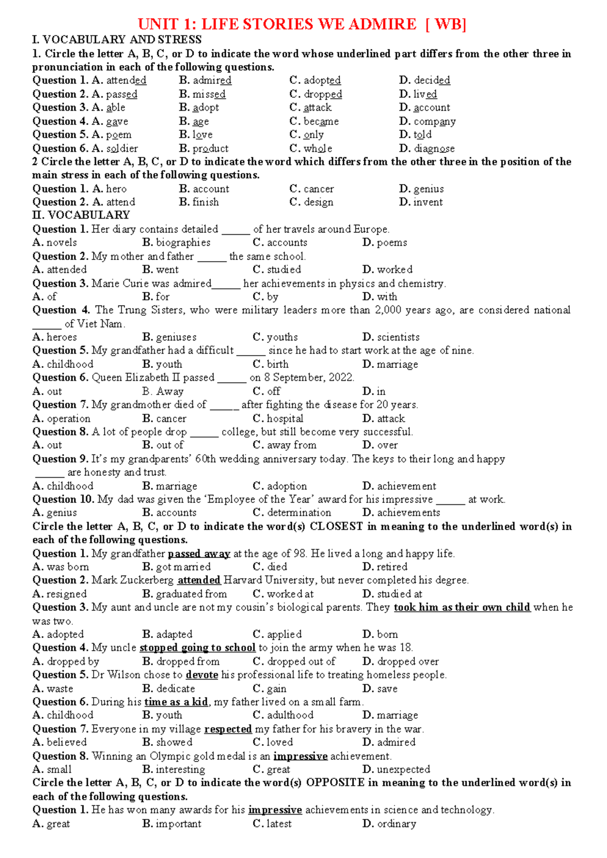 UNIT 1: LIFE STORIES WE ADMIRE - WORKBOOK EXERCISES - Studocu