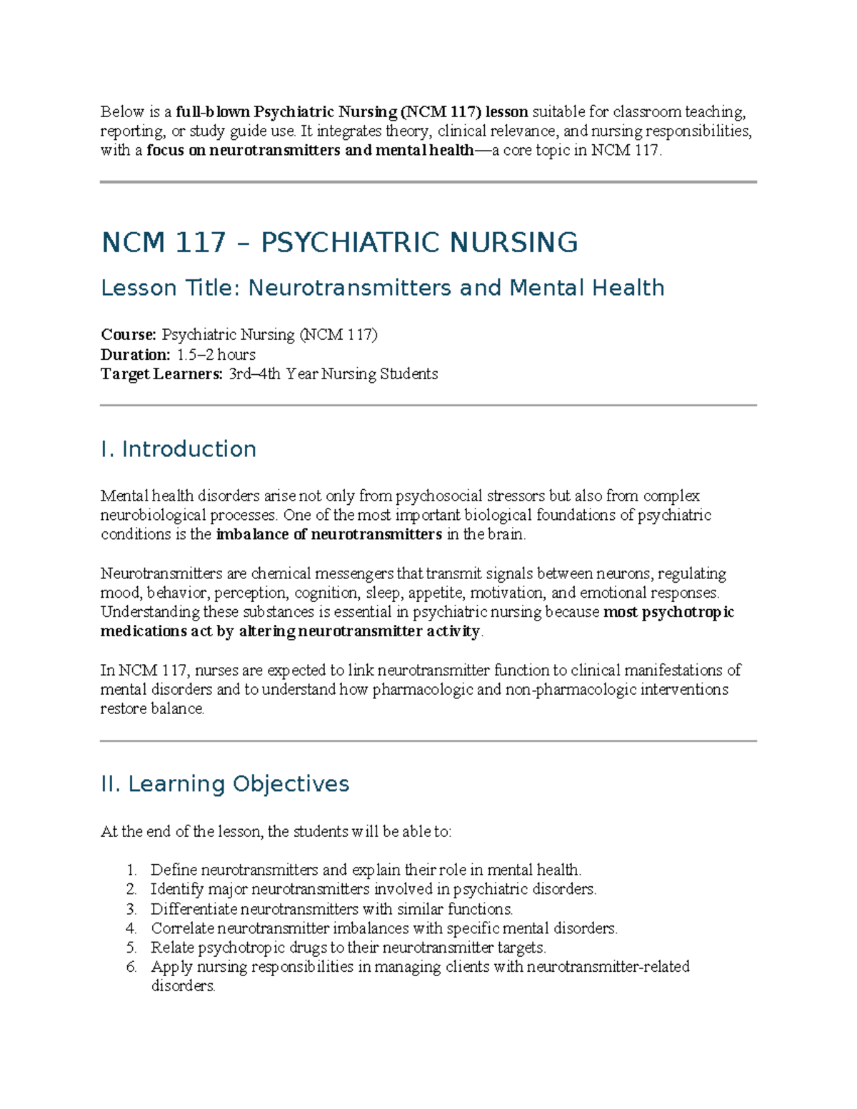NCM 117 Psychiatric Nursing Lesson: Neurotransmitters & Mental Health ...
