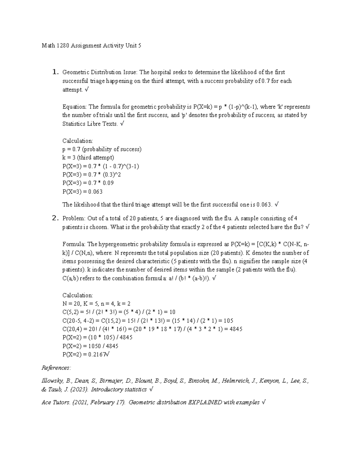 Math 1280 Unit 5 Assignment: Geometric & Hypergeometric Distributions ...
