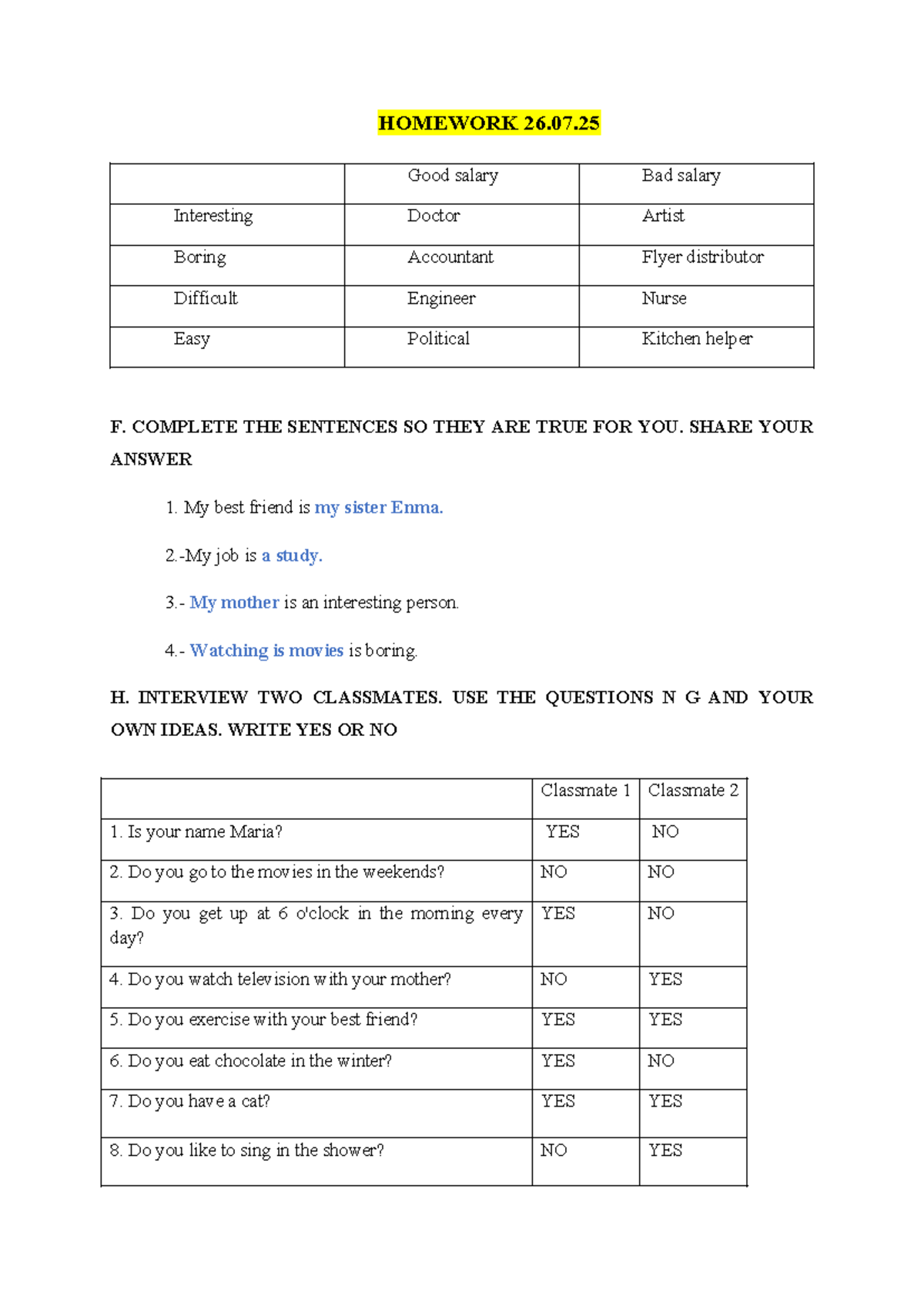 Homework 27.07.25 - Classmate Interview & Surprise Party Planning - Studocu