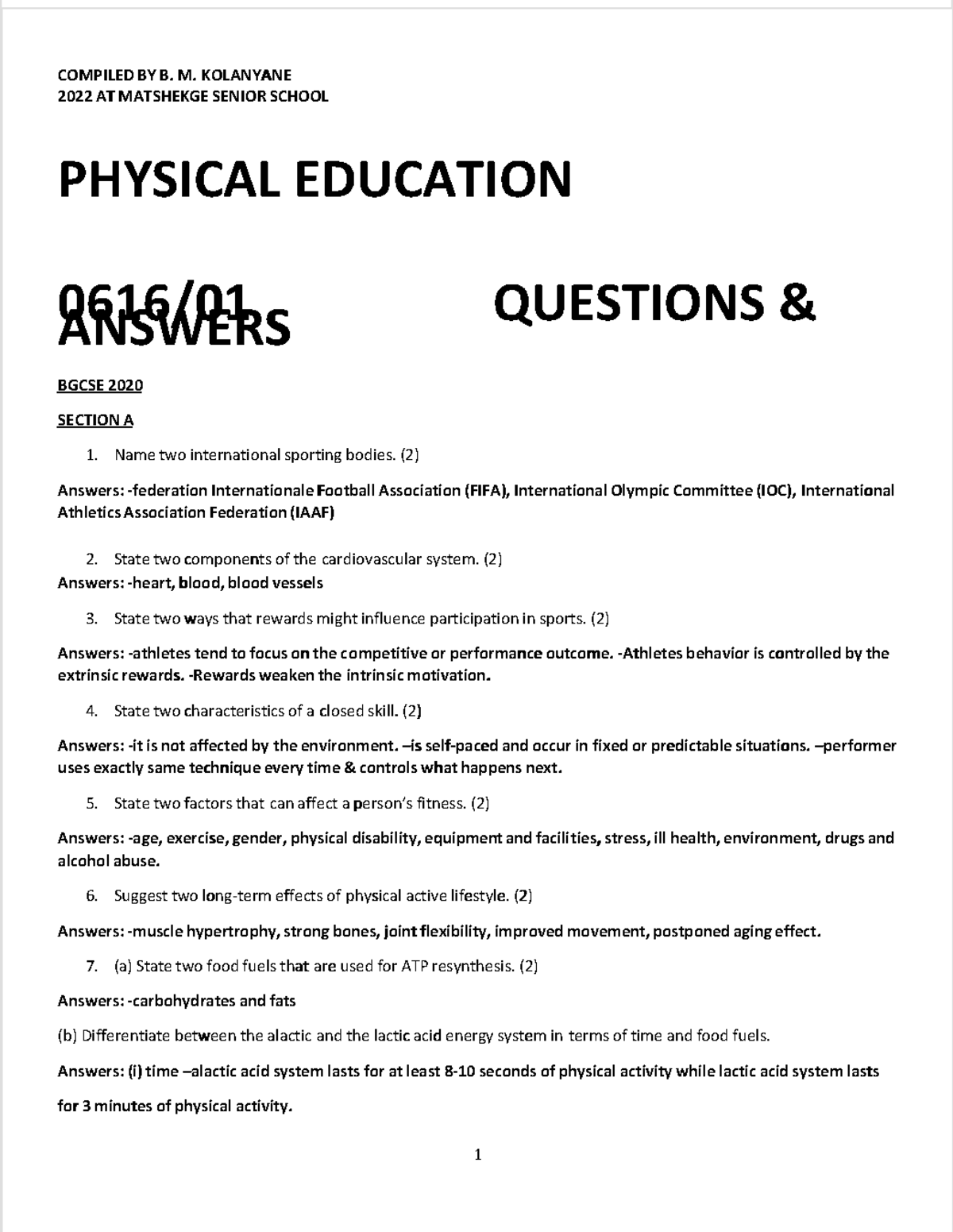 BGCSE Physical Education Revision Notes: Compiled Answers 2022 - Studocu