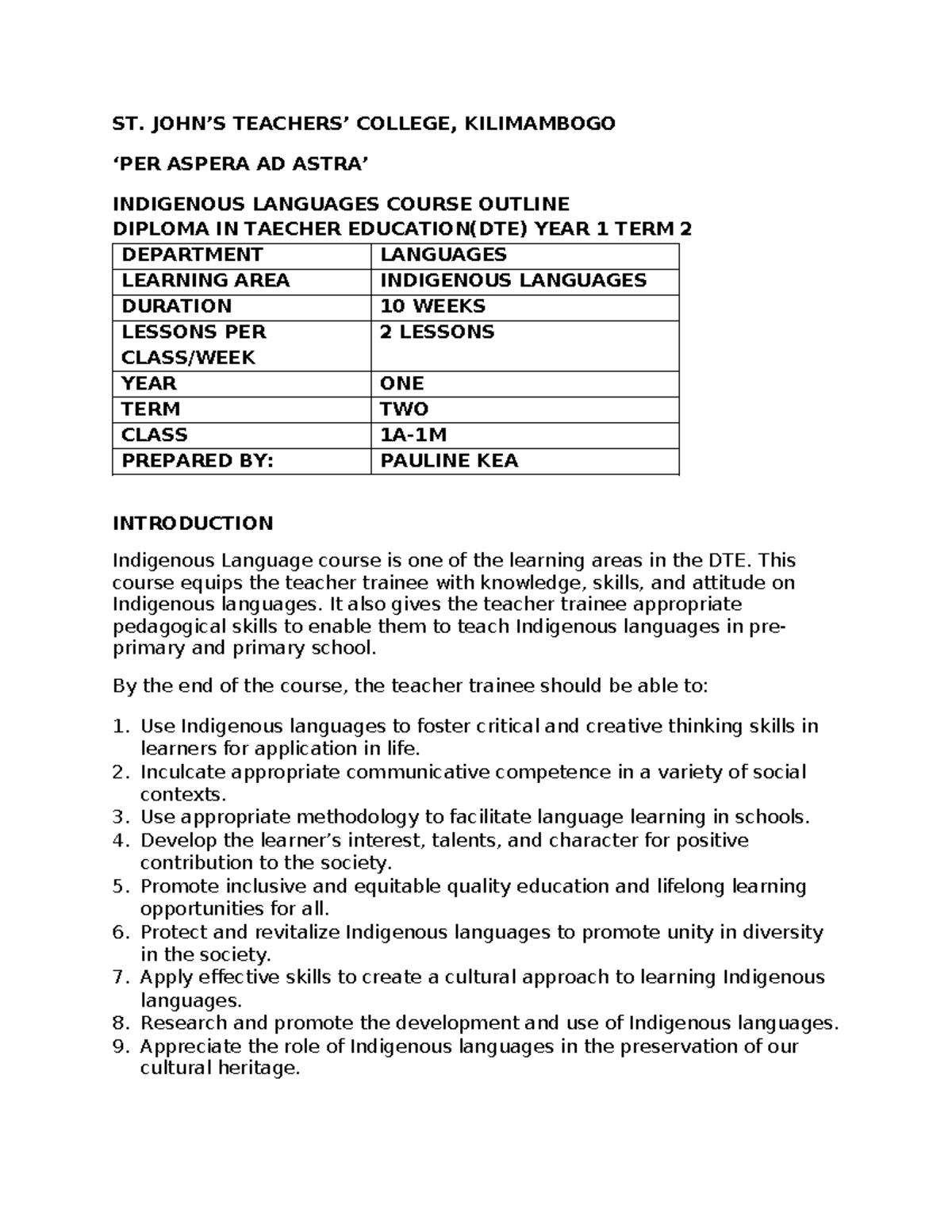 DTE Year 1 Term 2: Indigenous Languages Course Outline - Studocu