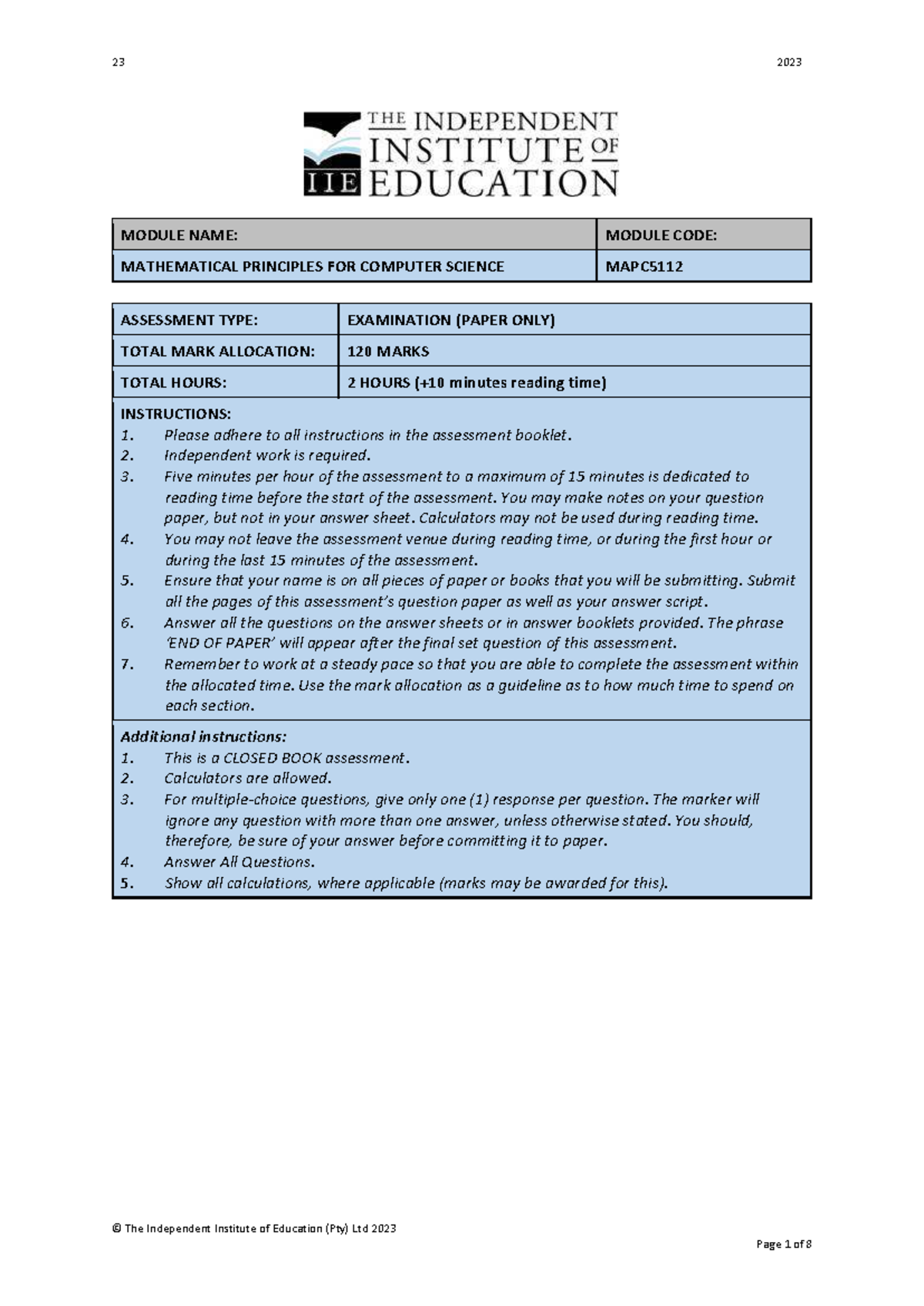 MAPC5112 Final Exam - Mathematical Principles for Computer Science ...