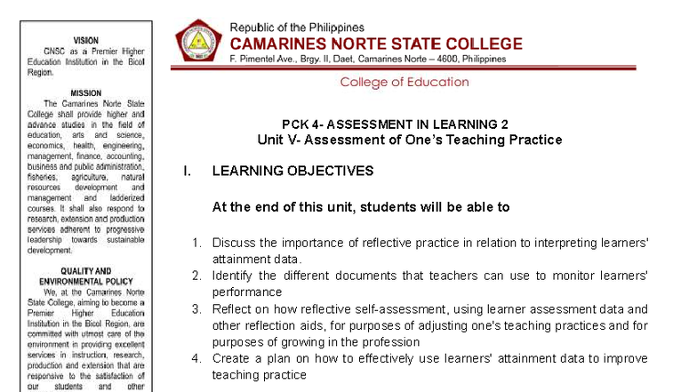 PCK 4 Lesson Outline: Reflective Practice & Learner Attainment Data ...
