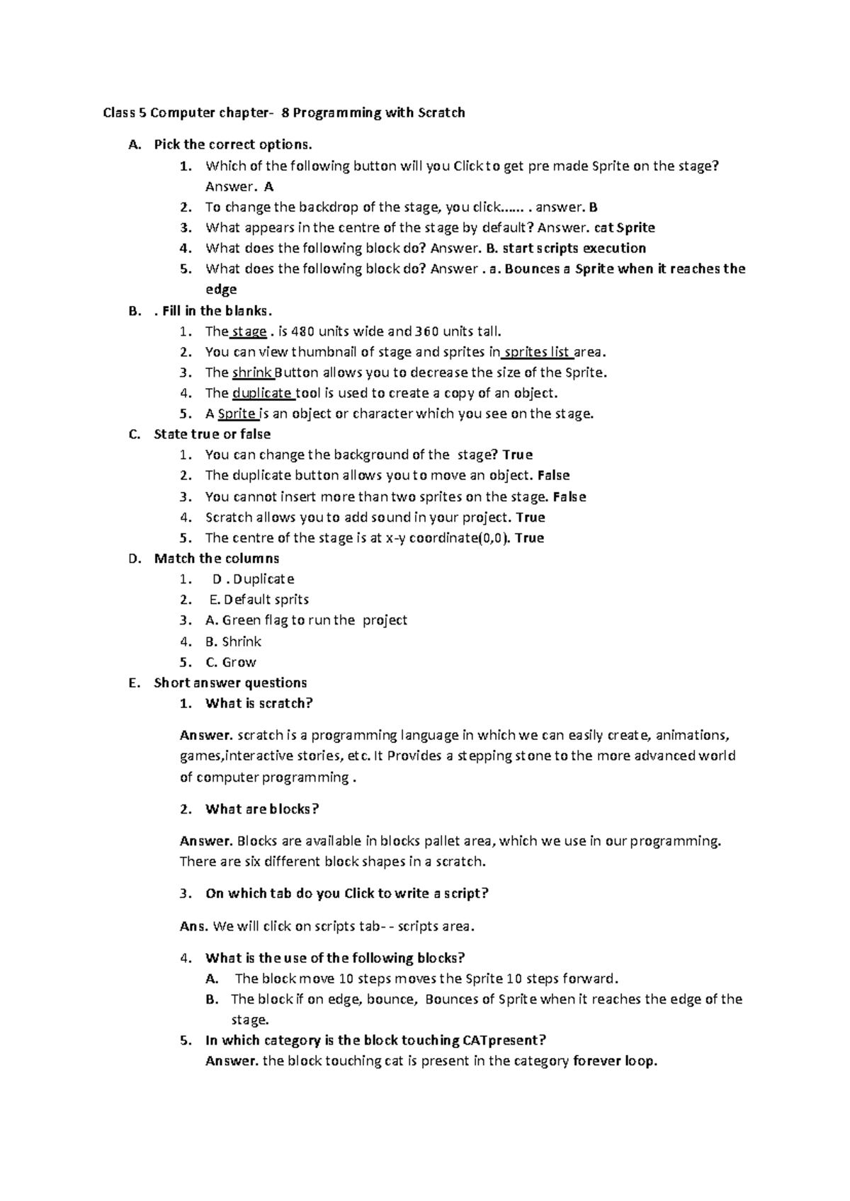 Class 5 Computer 8 Scratch Programming Notes - 2020 - Studocu