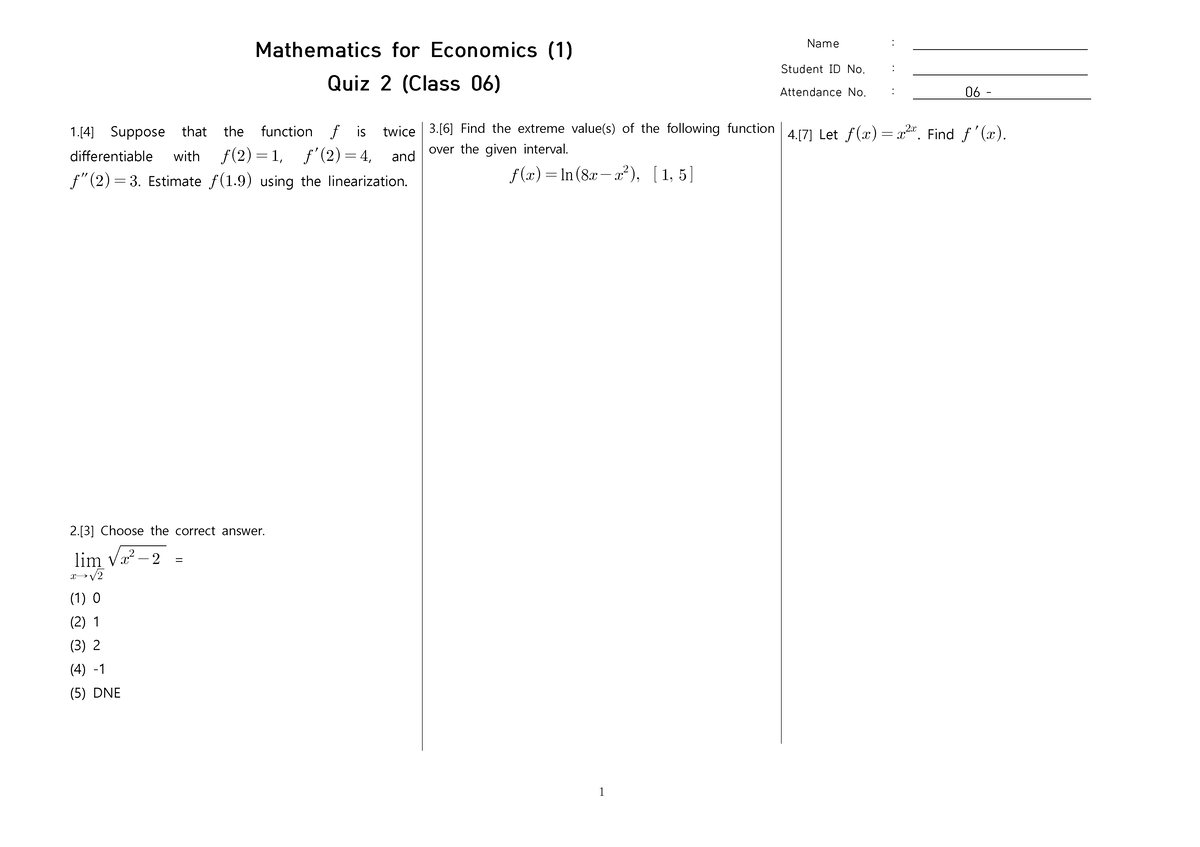 Mathematics for Economics (1) Quiz 2 & 3 Review Notes - Studocu