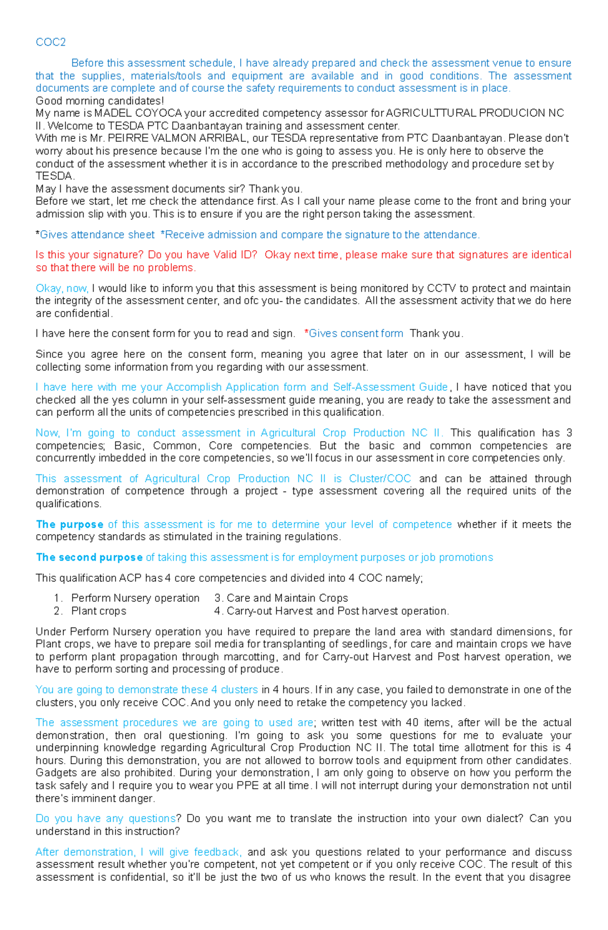 COC2 Agricultural Crop Production NC II Assessment Script - Studocu