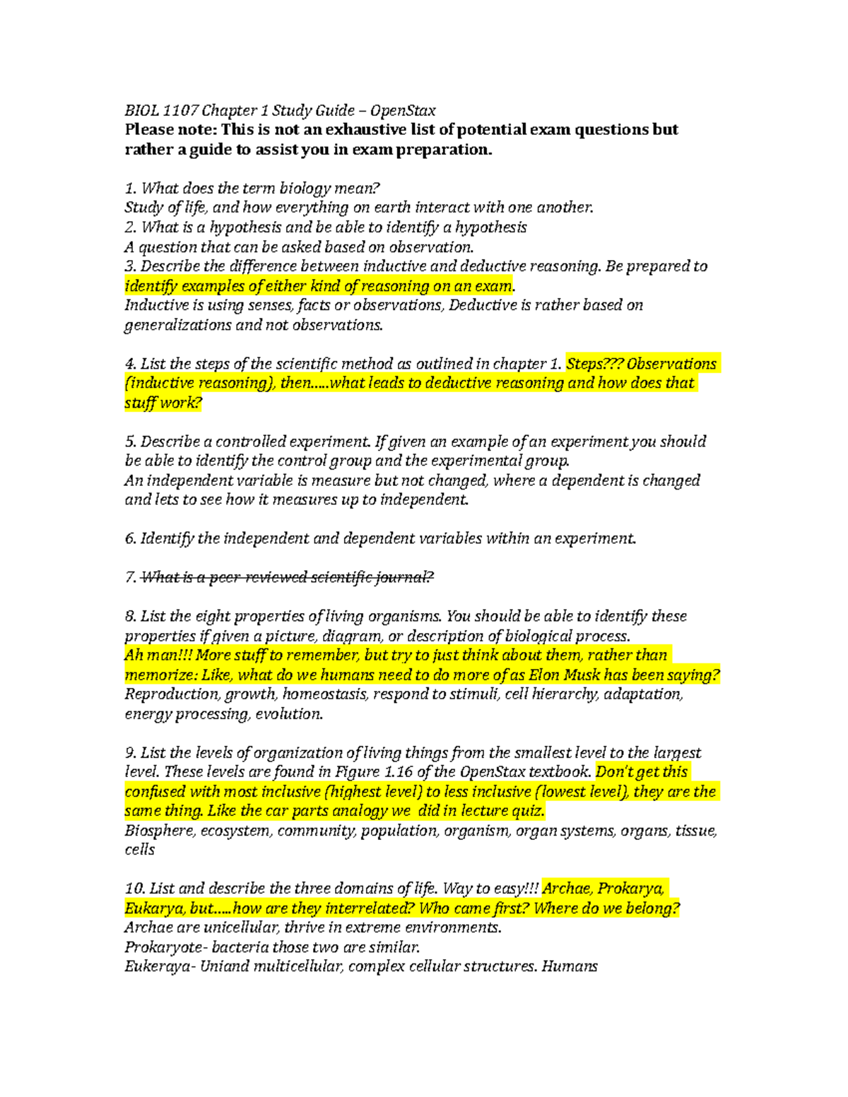 BIOL 1107 Chapter 1 Study Guide: Key Concepts from OpenStax - Studocu