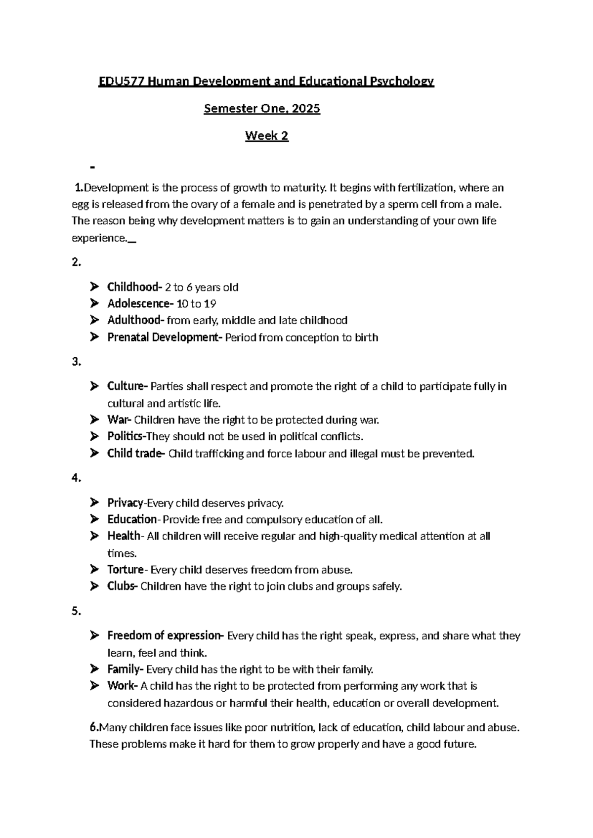 EDU577 Week 2: Human Development & Child Rights Overview - Studocu