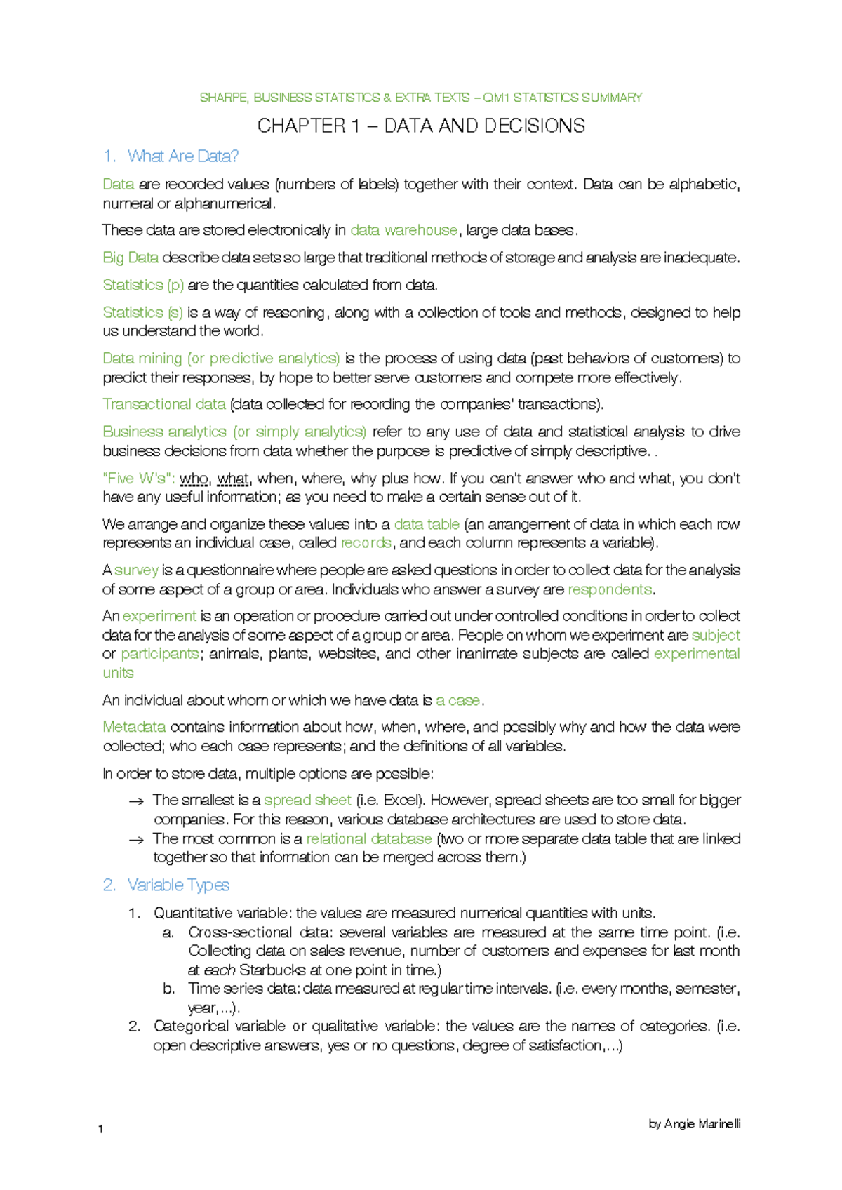 QM1 Business Statistics: Comprehensive Summary of Key Concepts ...