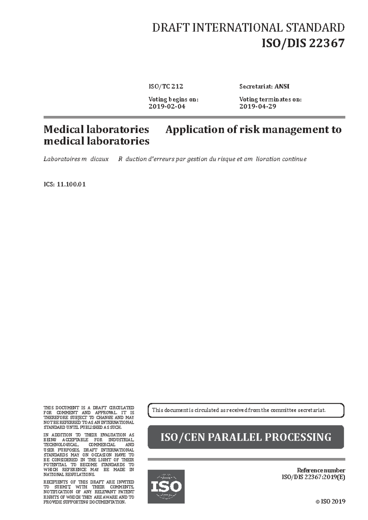 Pr EN ISO 22367:2019 - Risk Management in Medical Laboratories - Studocu