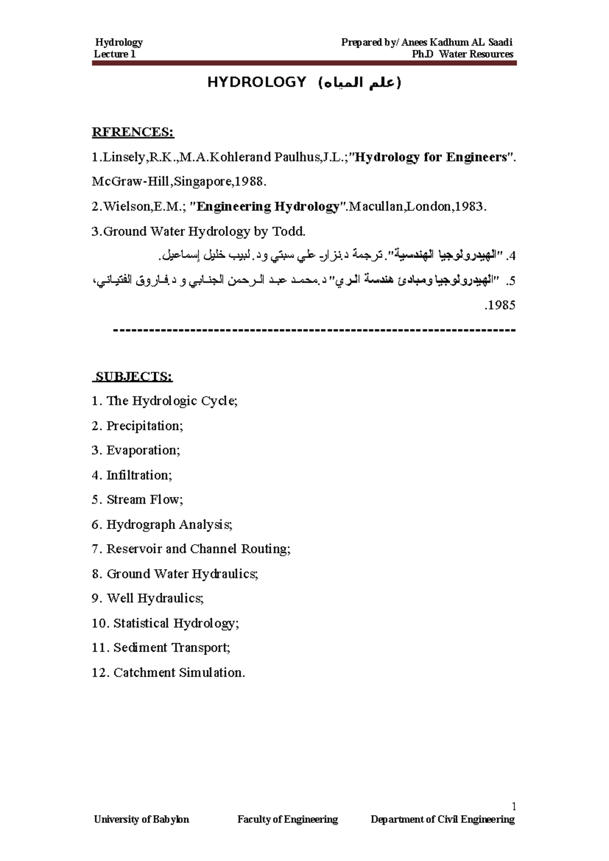 Hydrology Lecture 1: Introduction to Hydrologic Systems and Concepts ...