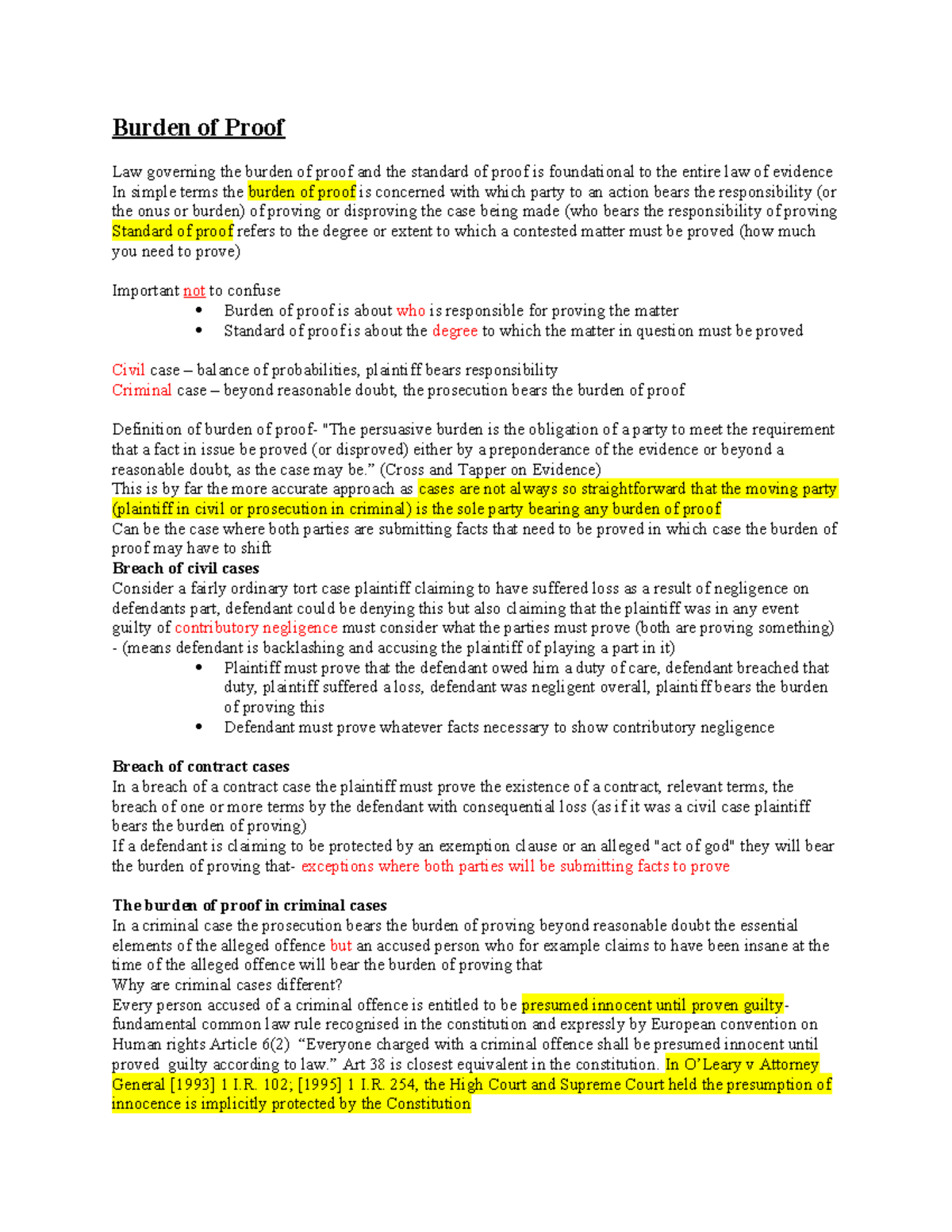 Lecture Notes on Burden of Proof in Law (LAW101) - Studocu