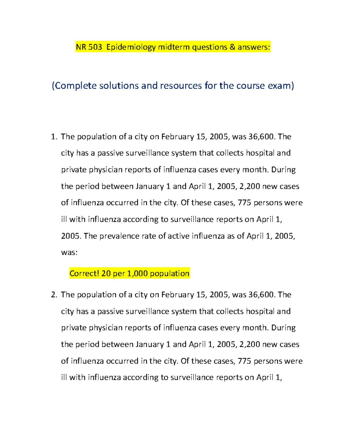 NR 503 Epidemiology Midterm Questions Answers - NR 503