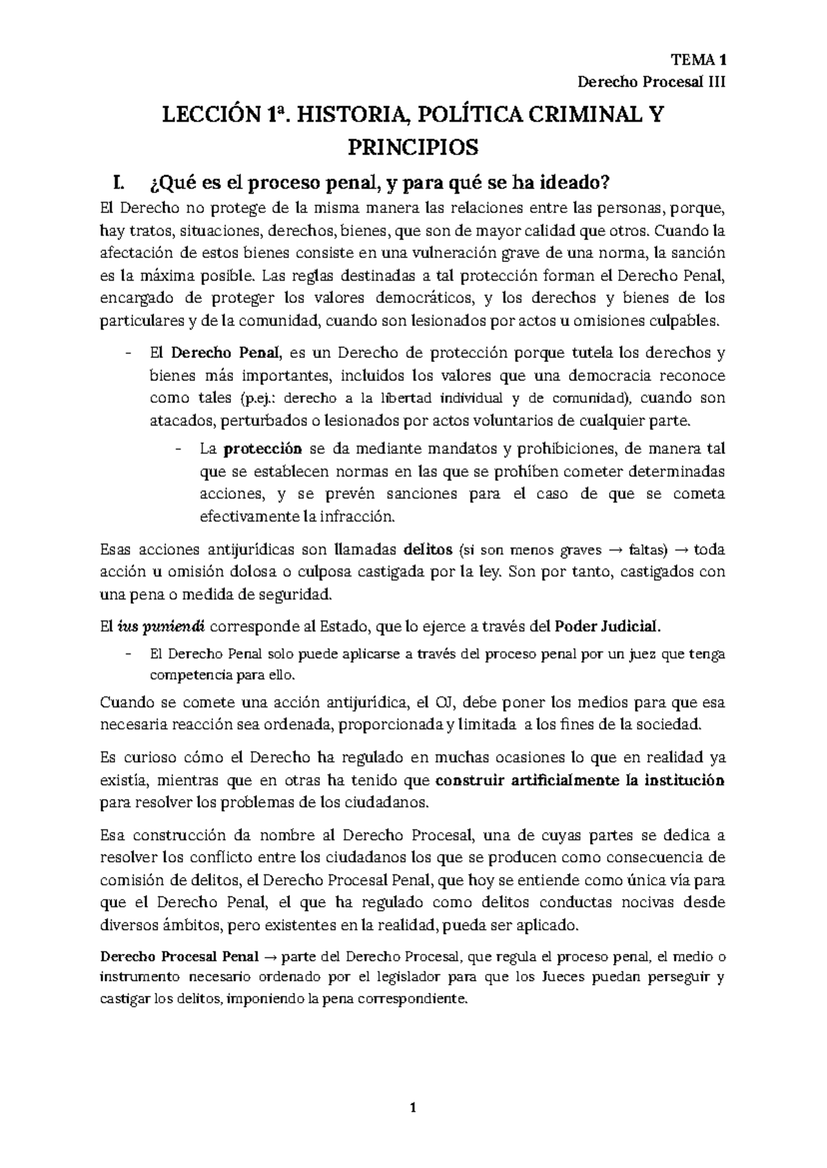 TEMA 1 DERECHO PROCESAL: HISTORIA Y PRINCIPIOS DEL PROCESO PENAL - Studocu