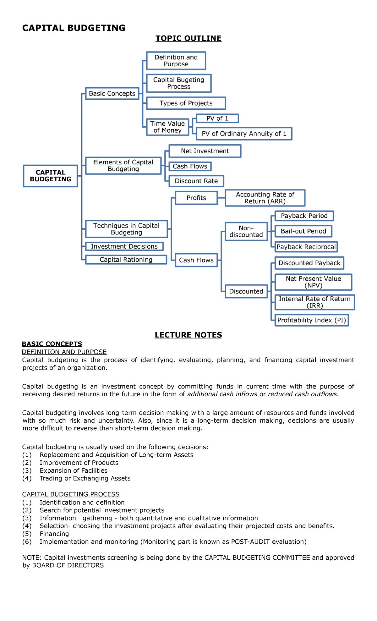 Capital Budgeting Concepts and Processes: Lecture Notes (FIN 101) - Studocu