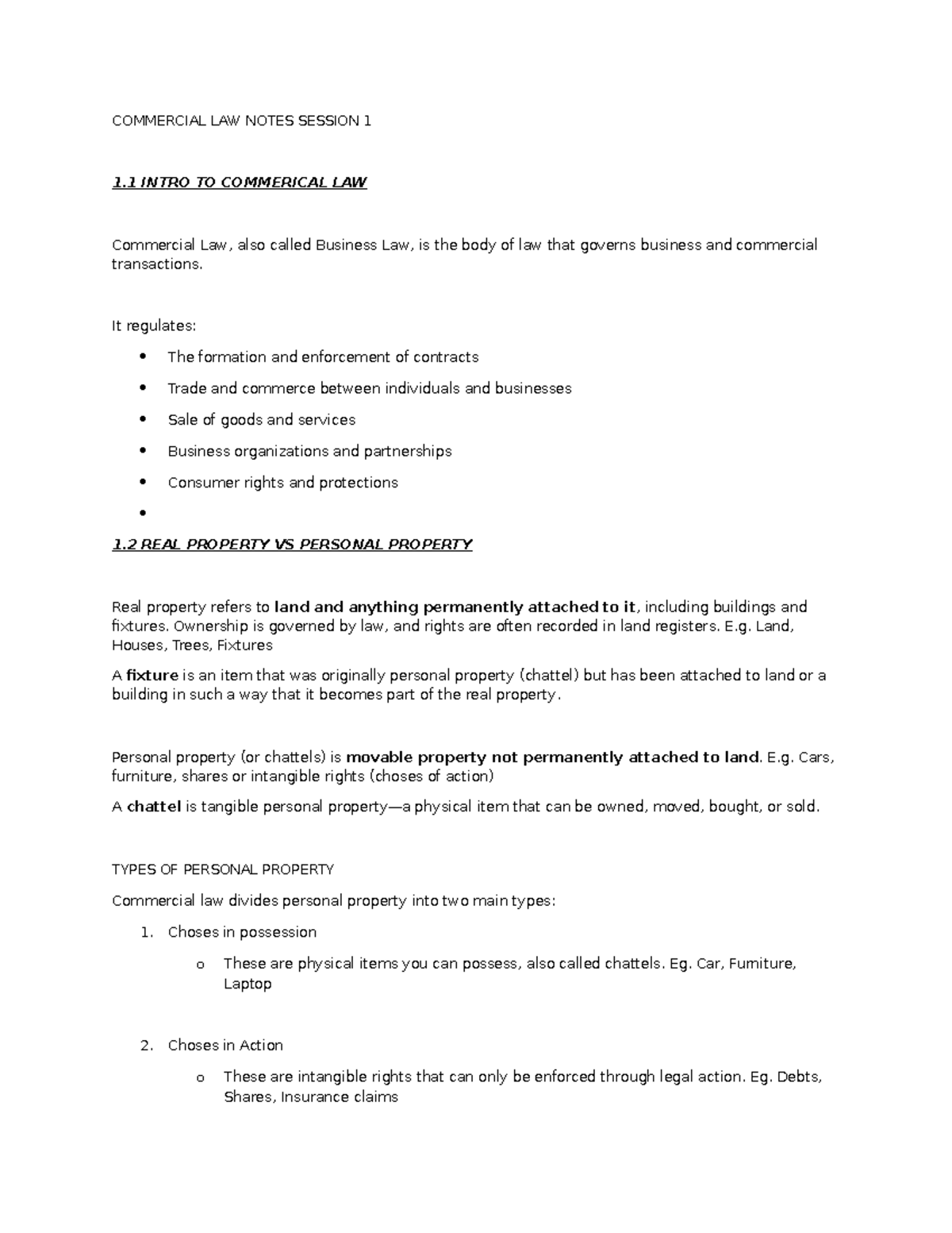 COMMERCIAL LAW NOTES SESSION 1: INTRODUCTION & KEY CONCEPTS - Studocu