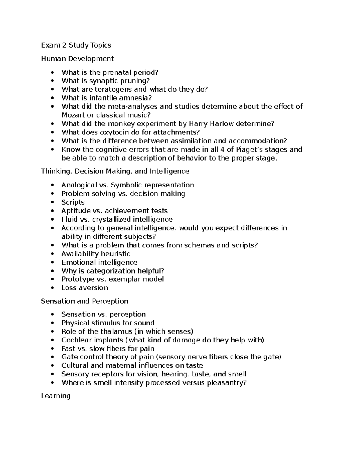 Psychology 101: Exam 2 Study Topics on Human Development & Learning ...