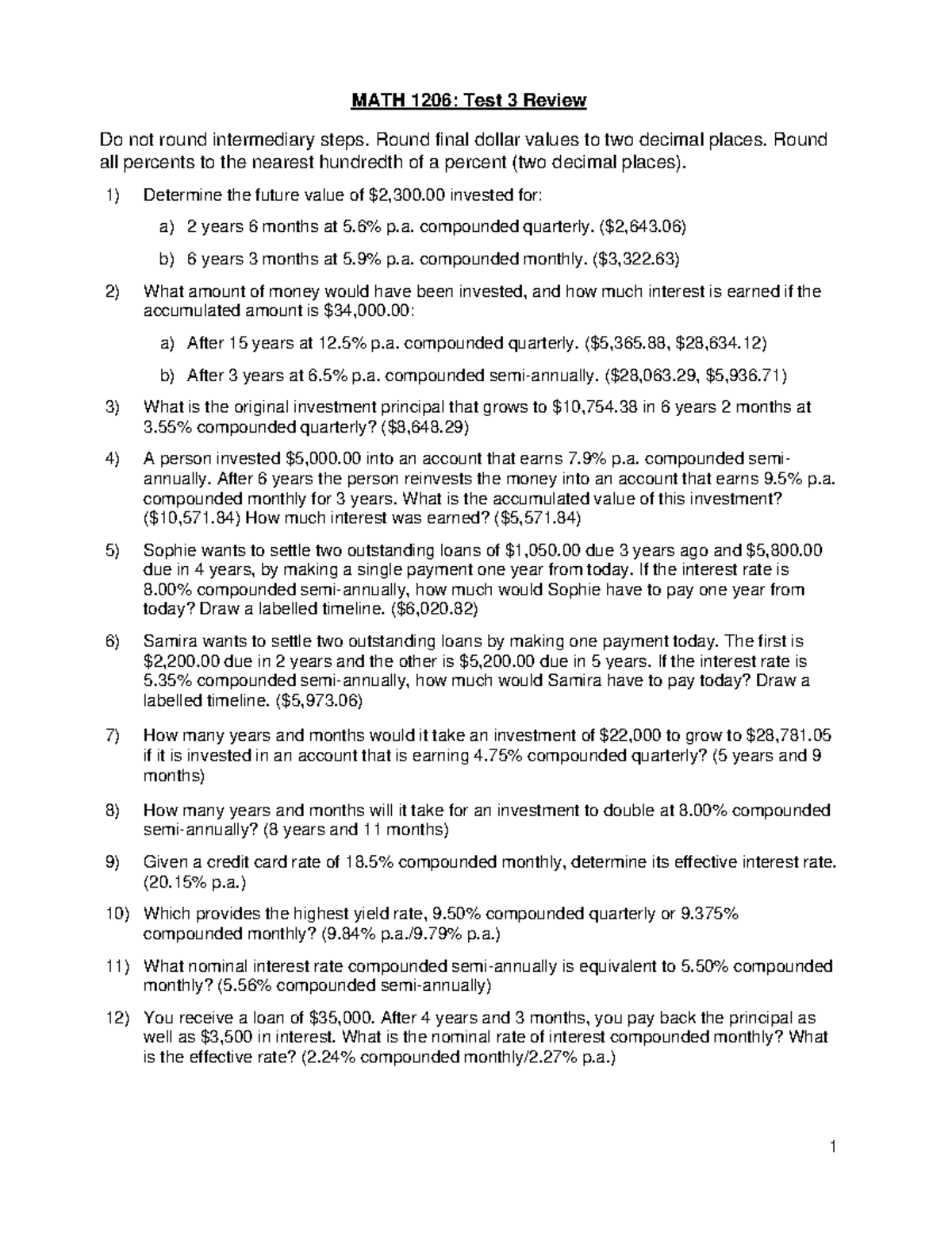 MATH1206 Test 3 Review W2020 - 1 MATH 1206 : Test 3 Review Do not round ...