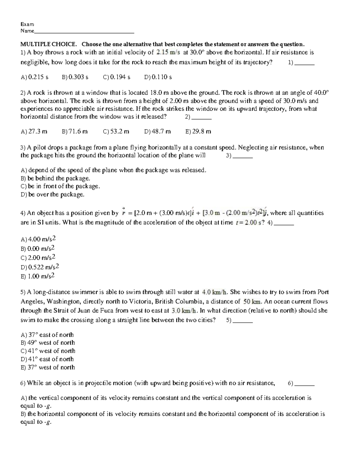Practice MCQs for Physics Chapter 3 - Exam MULTIPLE CHOICE - Studocu