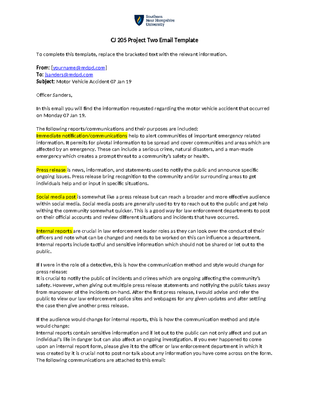 CJ 205 Project Two: Email Template for Motor Vehicle Accident Report ...