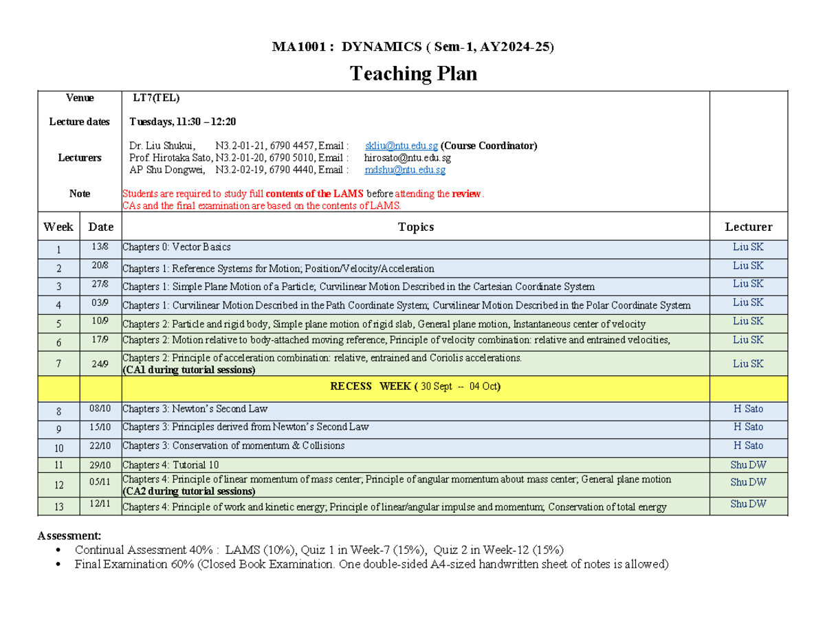 MA1001 Teaching Plan for Dynamics Lecture (Sem-1, AY2024-25) - Studocu