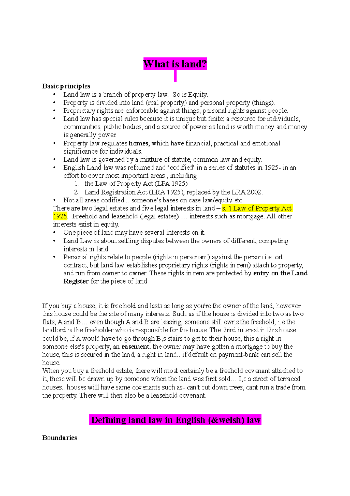 Land Law Principles: Lecture Notes 14 on Property and Rights - Studocu