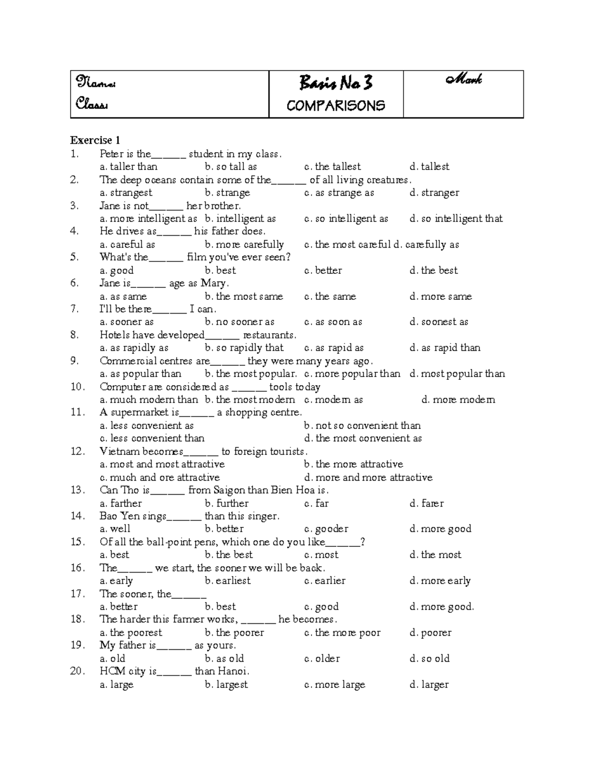 Comparison Exercises - Basis No 3 Mark - Studocu