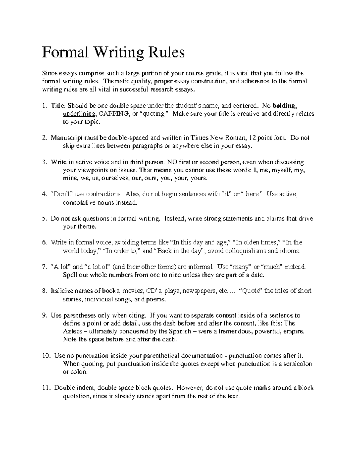 Formal Writing Rules for Successful Essays - Studocu