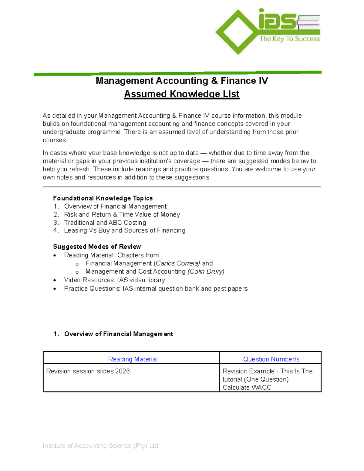Assumed Knowledge List for Management Accounting Finance IV Final - Studocu