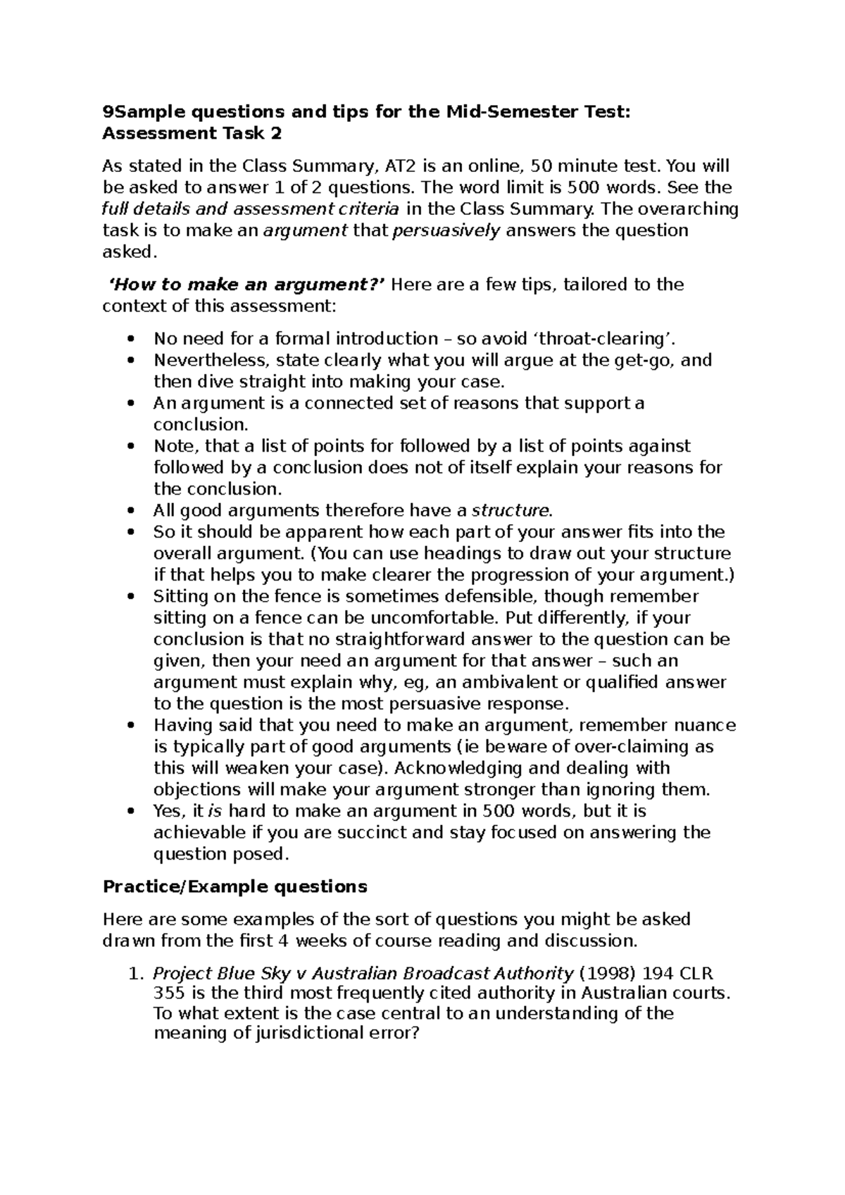 Sample Questions & Tips for Mid-Semester Test: Assessment Task 2 - Studocu