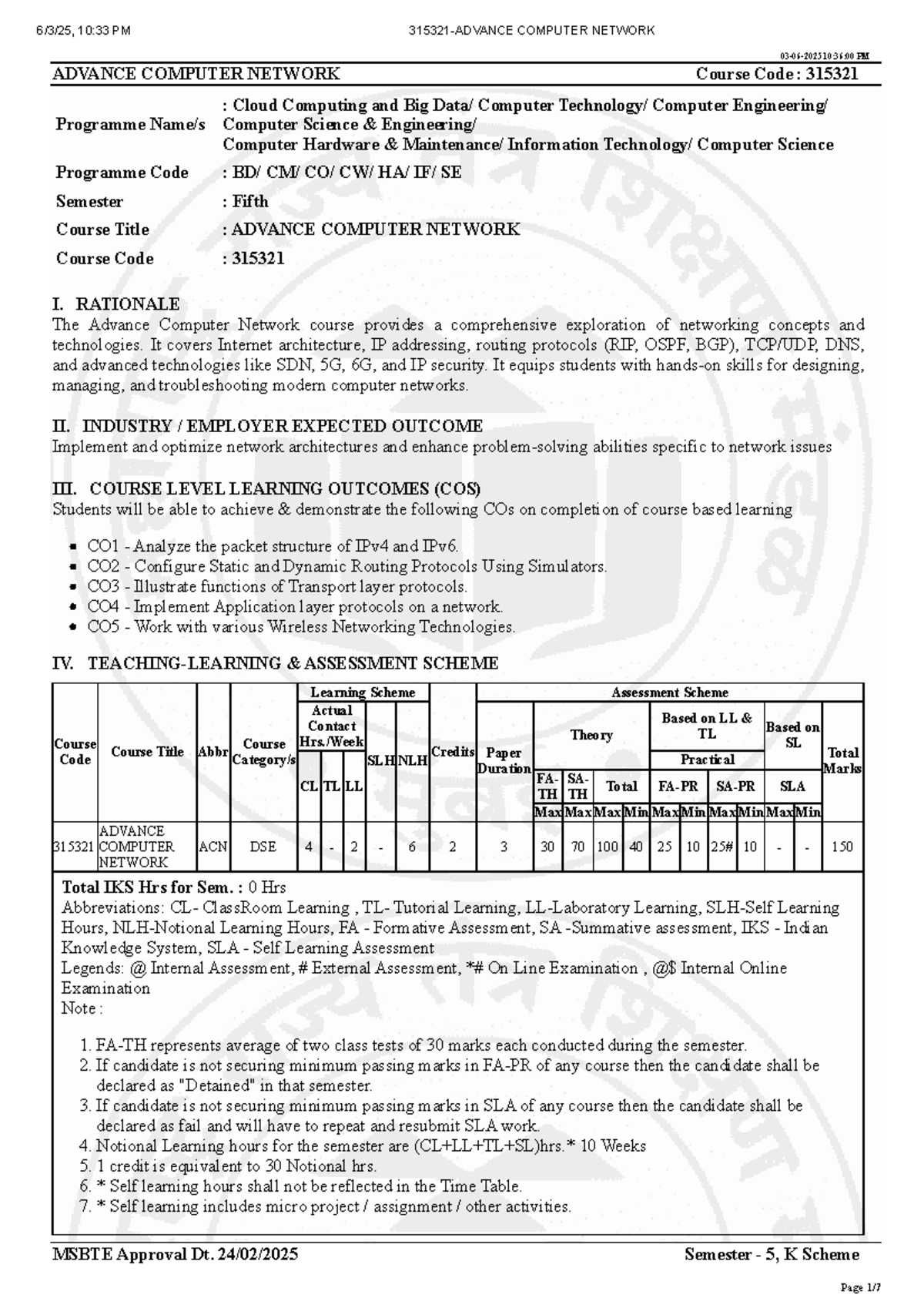 315321 - Advance Computer Network Course Overview and Learning Outcomes ...