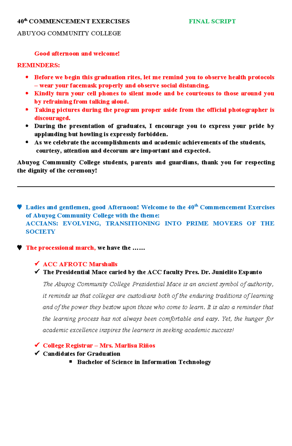 Final Script for the 40th Commencement Exercises - Abuyog Community ...