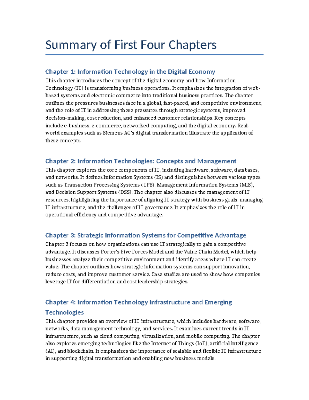 IT for Management Chapter Summaries - Summary of First Four Chapters ...