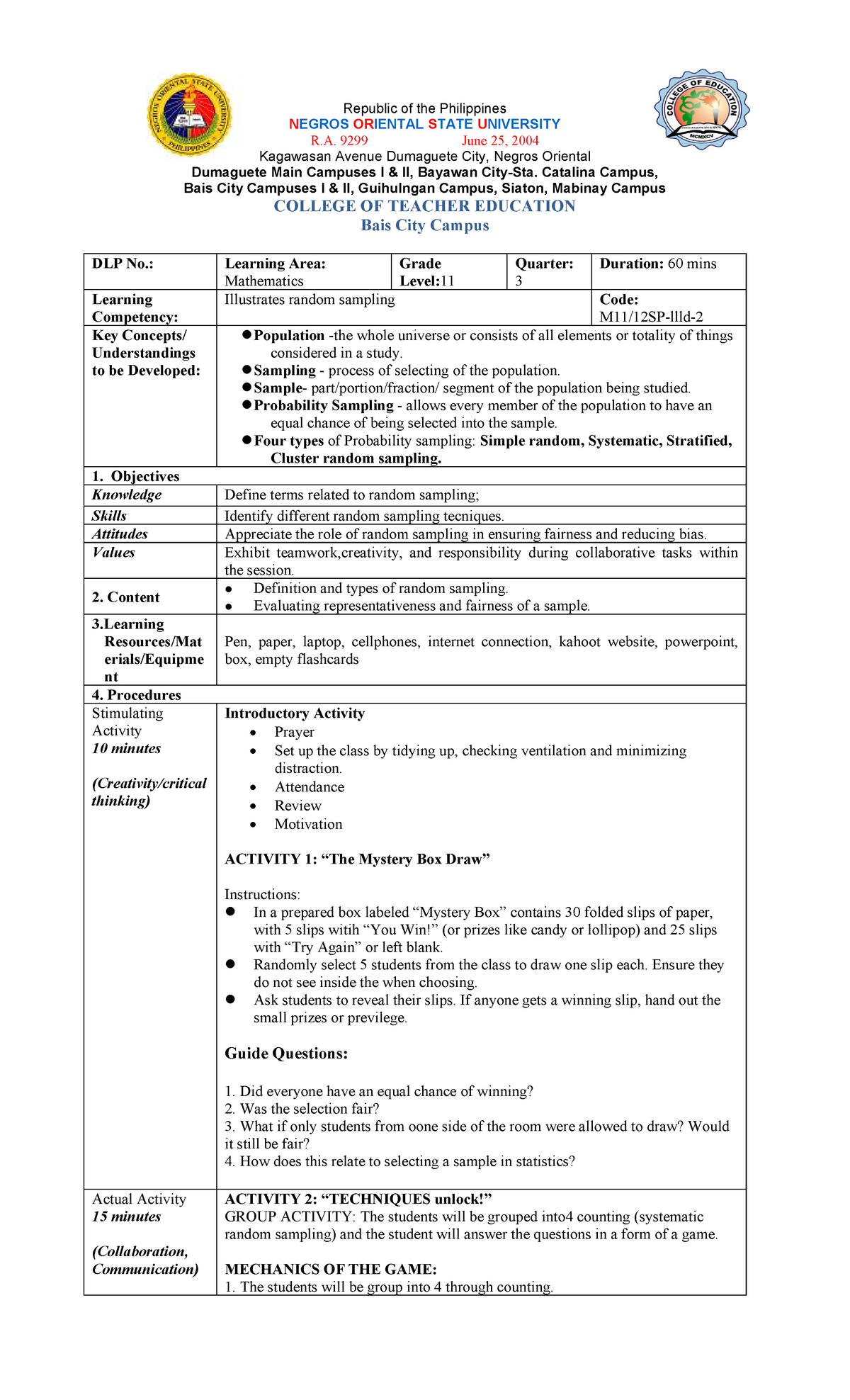 Stats and Probs Lesson Plan: Understanding Random Sampling Techniques ...