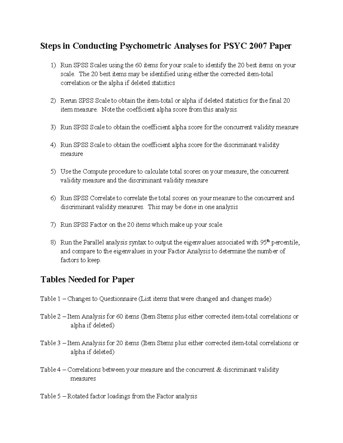 Steps in Conducting Psychometric Analyses for PSYC 2007 Paper - The 20 ...