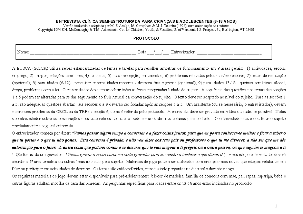 SCICA - Entrevista Clínica Semi-Estruturada para Crianças e ...