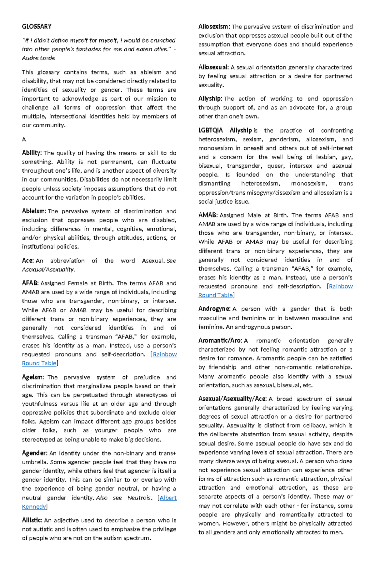 Glossary of Terms for Gender and Sexuality (LGBTQIA) - Studocu