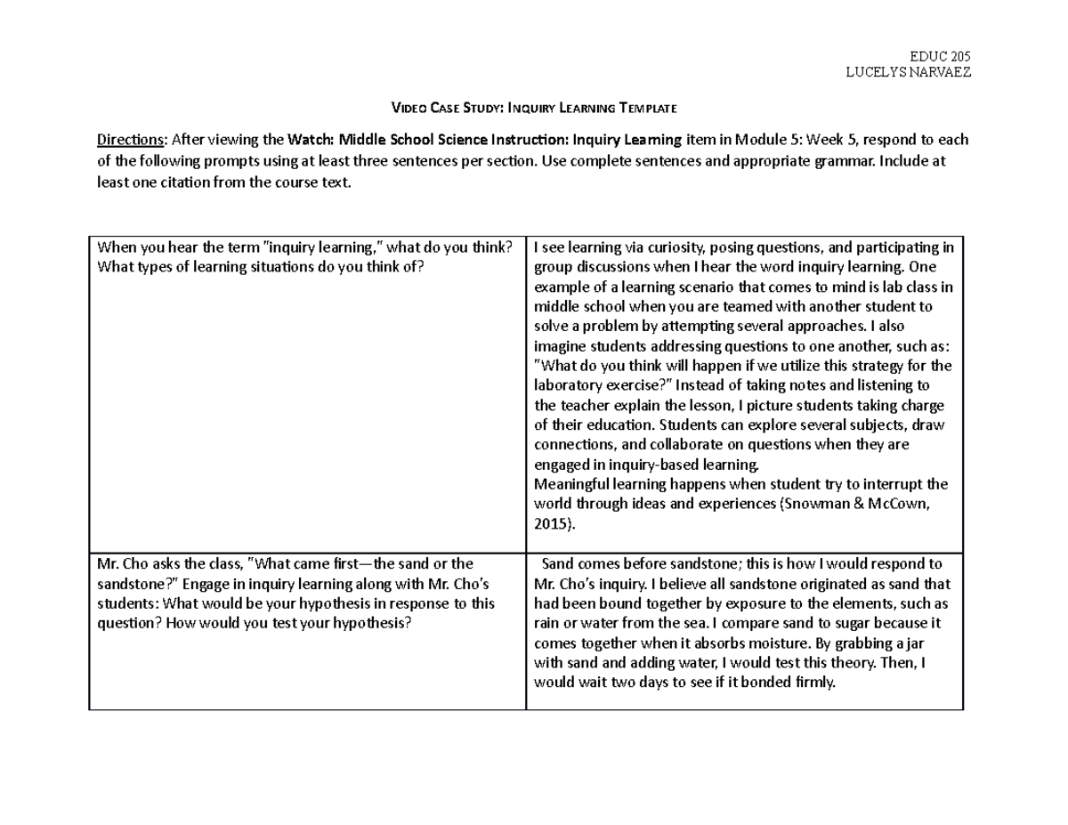 EDUC 205 Video Case Study Insights on Inquiry Learning - Studocu