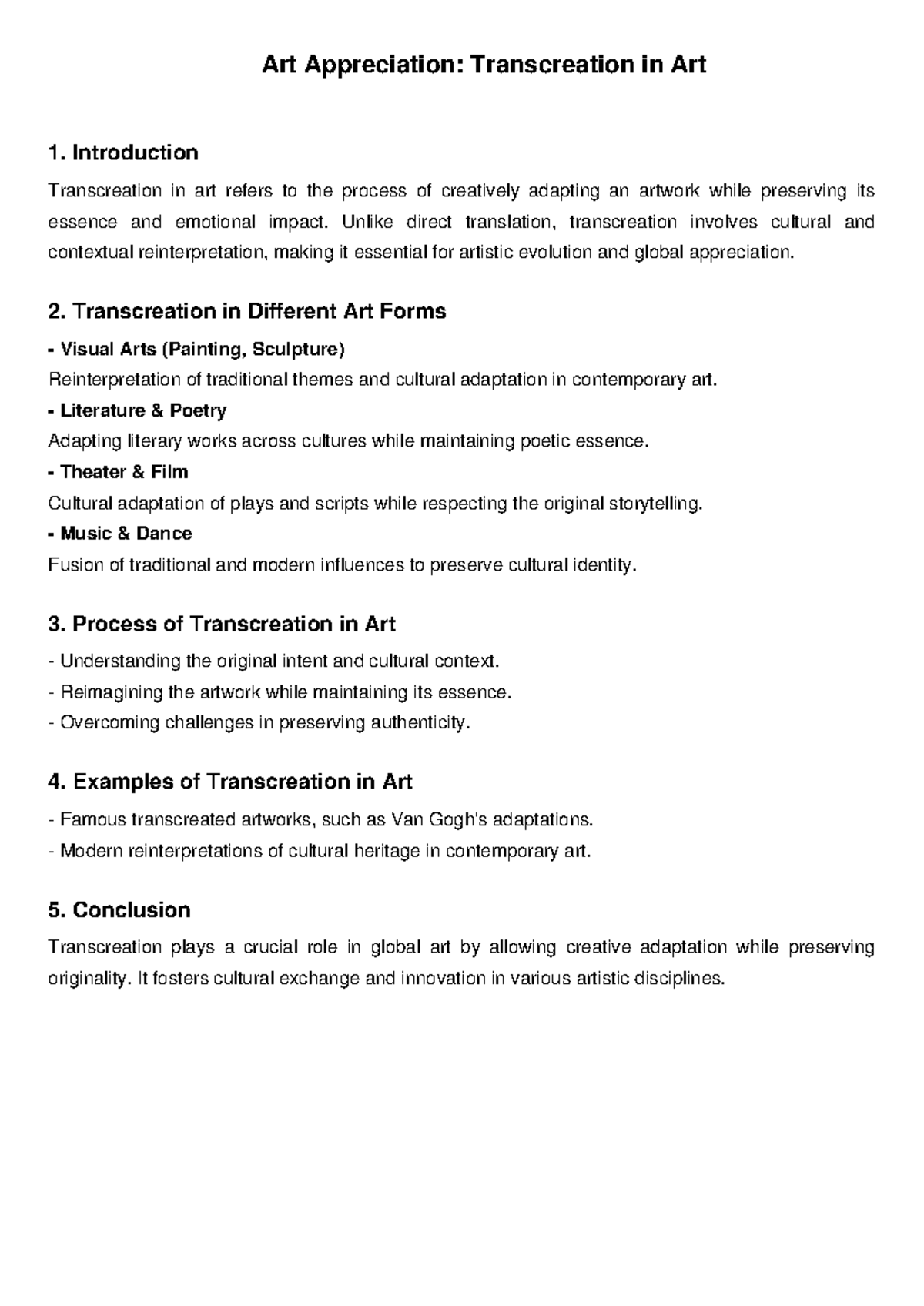 ART 101: Transcreation in Art - Summary Notes and Insights - Studocu