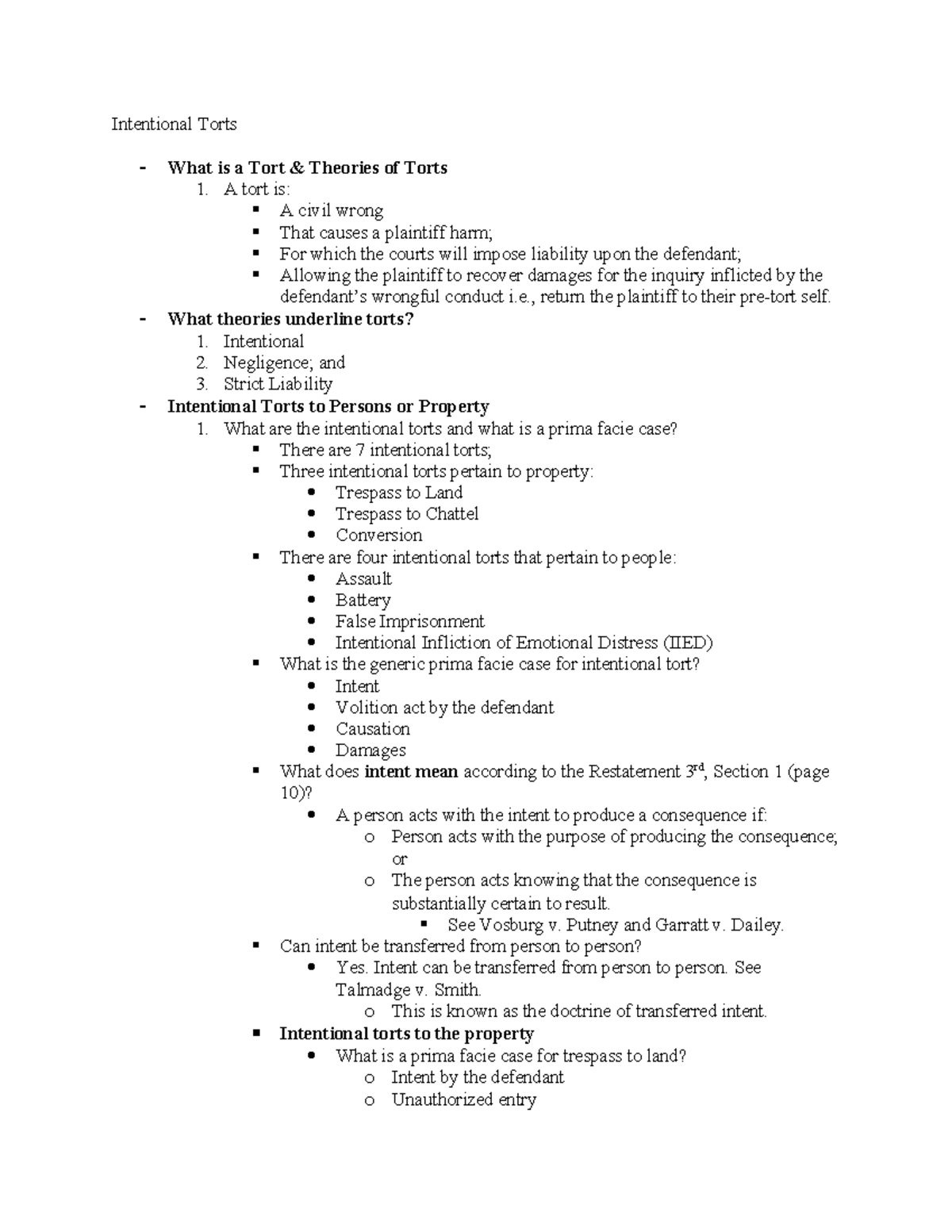 Torts Law Final Exam Outline (Course Code: LAW 101) - Studocu